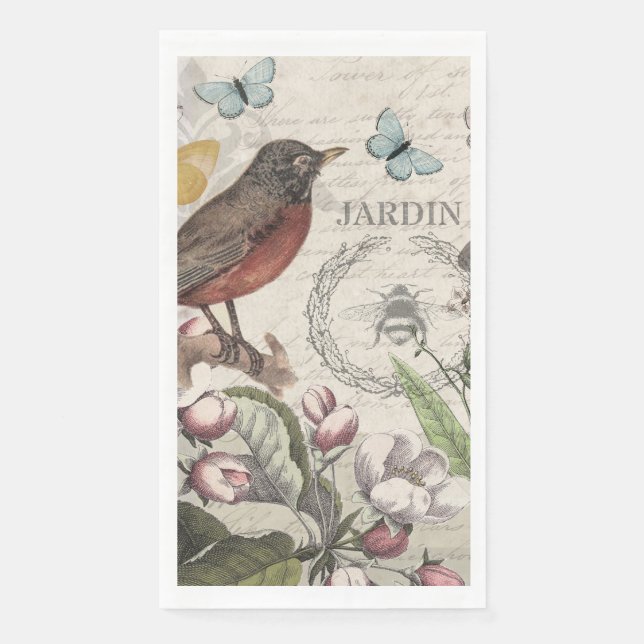Robin Elegant Bird Butterfly French Art Napkin (Front)