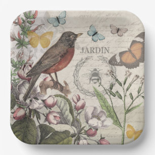 Robin Elegant Bird Butterfly French Art Paper Plate