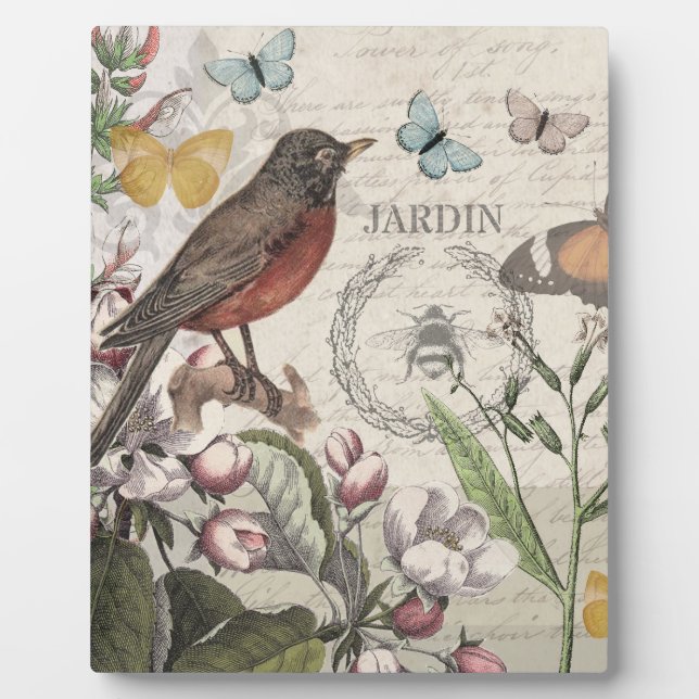 Robin Elegant Bird Butterfly French Art Plaque (Front)