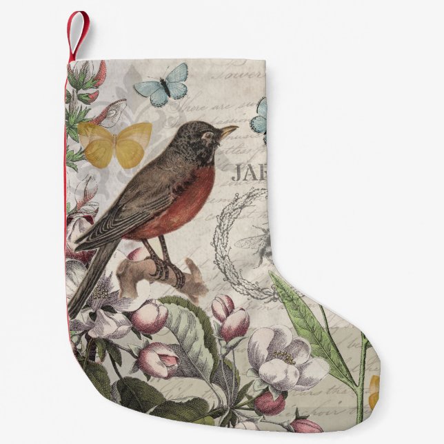 Robin Elegant Bird Butterfly French Art Small Christmas Stocking (Front)