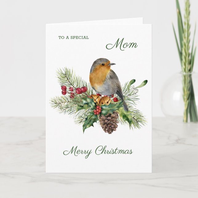Robin, holly, pine - Mum Christmas Card (Front)