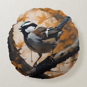 Robin In A Tree Oil Paint, Round Cushion