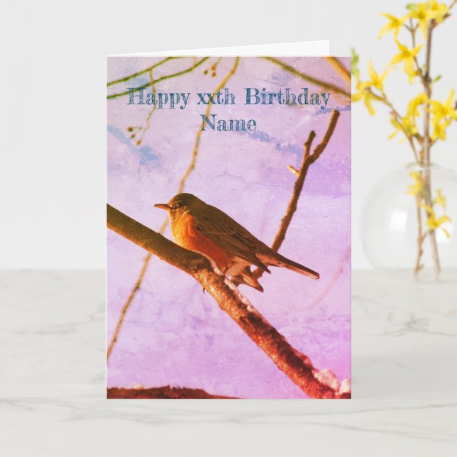 Robin In Snow Nature Art Personalised Birthday  Card (Yellow Flower)