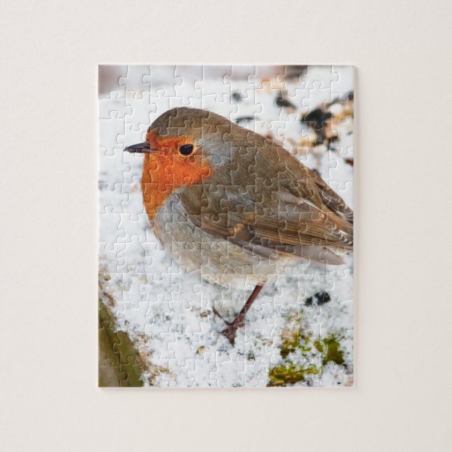 Robin on a snowy log jigsaw puzzle (Vertical)