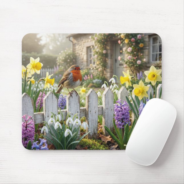 Robin On a Spring Garden Picket Fence Mouse Pad (With Mouse)