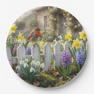 Robin On a Spring Garden Picket Fence Paper Plate