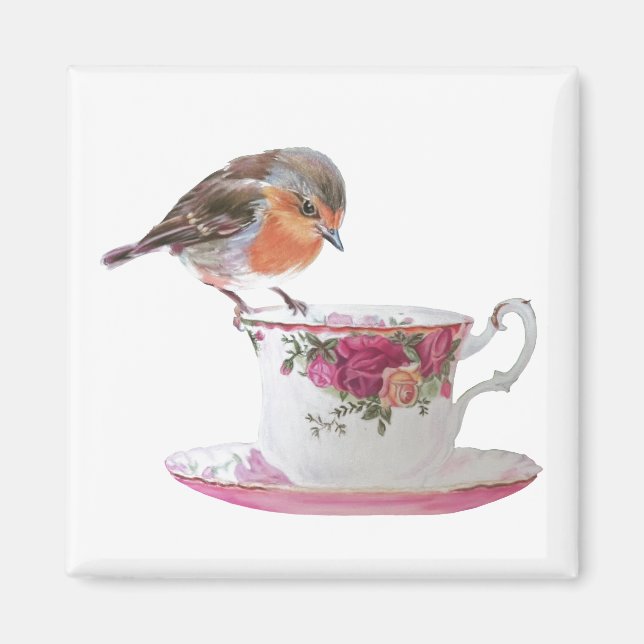 Robin on a teacup magnet (Front)