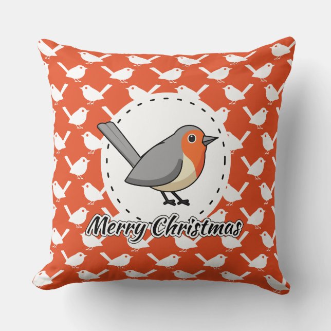 Robin on Orange White Bird Pattern - Merry Xmas Cushion (Front)