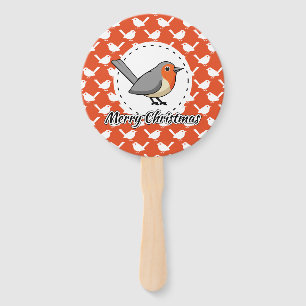 Robin on Orange White Bird Pattern - Merry Xmas Hand Fan