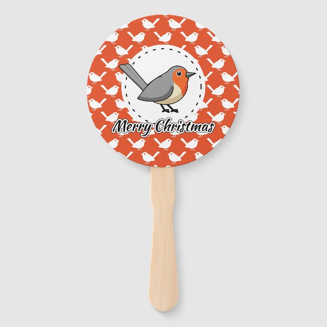 Robin on Orange White Bird Pattern - Merry Xmas Hand Fan (Front)