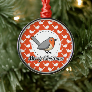 Robin on Orange White Bird Pattern - Merry Xmas Metal Tree Decoration