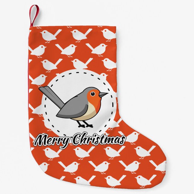 Robin on Orange White Bird Pattern - Merry Xmas Small Christmas Stocking (Front)