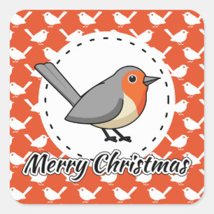 Robin on Orange White Bird Pattern - Merry Xmas Square Sticker