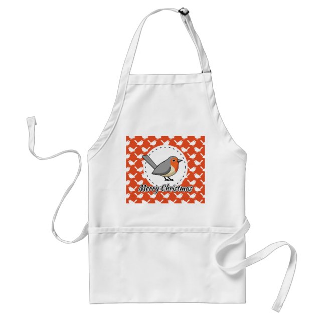Robin on Orange White Bird Pattern - Merry Xmas Standard Apron (Front)