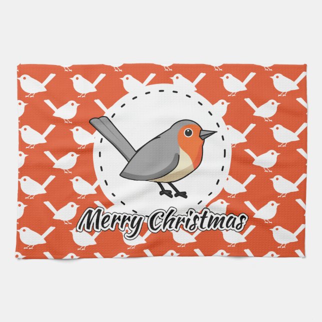 Robin on Orange White Bird Pattern - Merry Xmas Tea Towel (Horizontal)