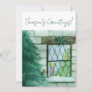 Robin Outside Of A Festive Window Christmas Card