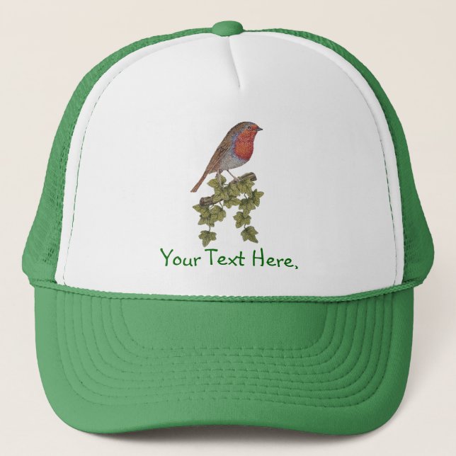 Robin perched on ivy leaf wild bird trucker hat (Front)
