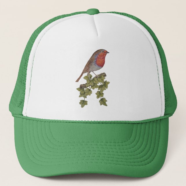 Robin perched on ivy leaf wild bird trucker hat (Front)