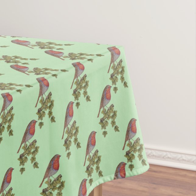 Robin perched on ivy leaf wild birds for christmas tablecloth (In Situ)