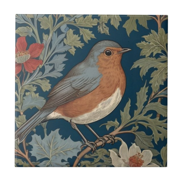 Robin Red Breast Bird William Morris style Right Tile (Front)
