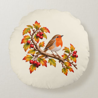 Robin Redbreast Autumn Botanical Bird Design Round Cushion