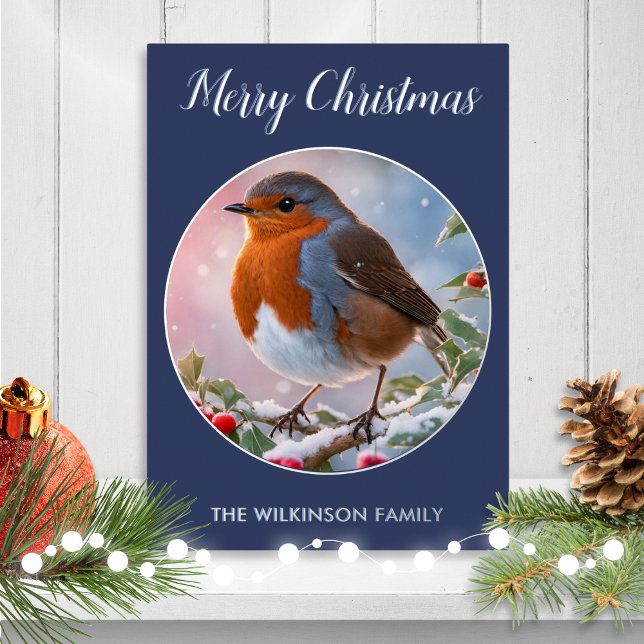 Robin Redbreast Traditional Wildlife (A personalized Christmas card with a traditional robin redbreast illustration on a blue background)