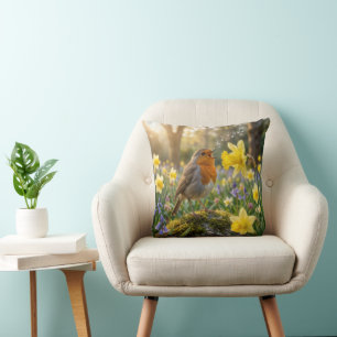 Robin Singing Into a Daffodil Cushion