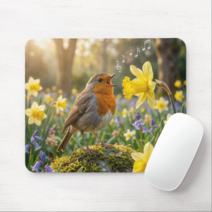 Robin Singing Into a Daffodil Mouse Pad