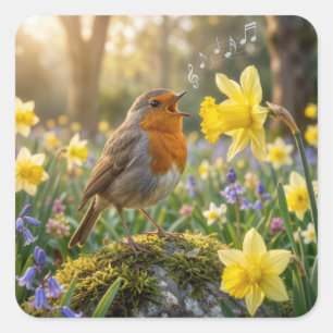 Robin Singing Into a Daffodil Square Sticker