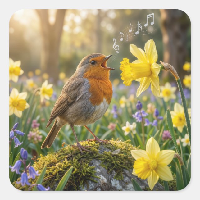 Robin Singing Into a Daffodil Square Sticker (Front)