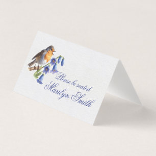 Robin Sitting on Bluebell Wedding Name Place Card