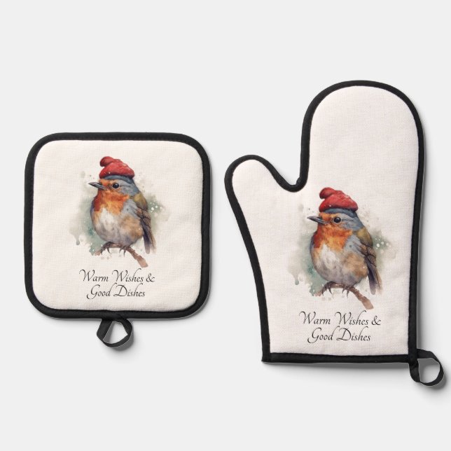 Robin Winter Delight, custom Oven Mitt & Pot Holder Set (Front)