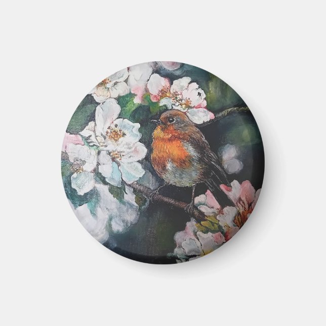 Robin with cherry blossom magnet (Front)