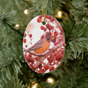 Robin With Red Berries Ceramic Tree Decoration