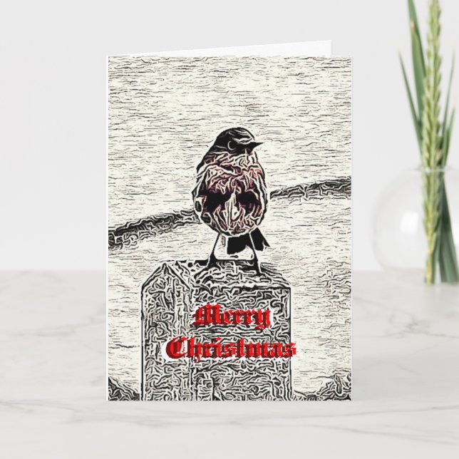 Robin Woodcut Merry Christmas Card (Front)