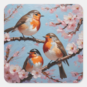 Robins and cherry blossoms square sticker