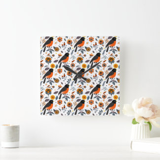 Robins And Flowers Square Wall Clock