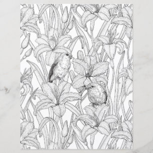 Robins and lilly flowers, black and white