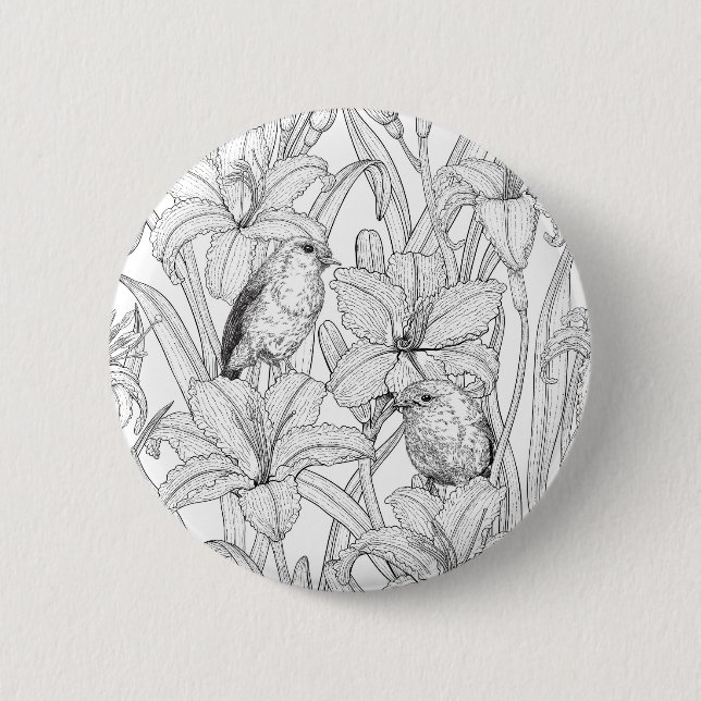 Robins and lilly flowers, black and white 6 cm round badge (Front)