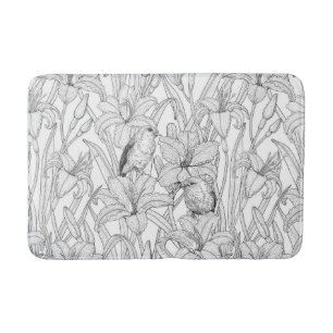 Robins and lilly flowers, black and white bath mat