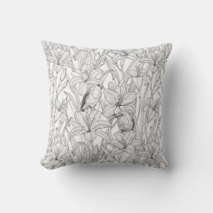 Robins and lilly flowers, black and white cushion