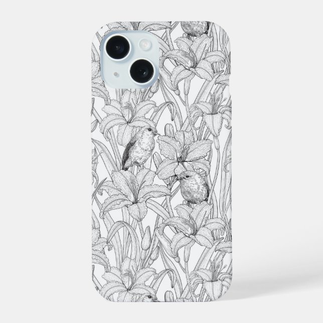 Robins and lilly flowers, black and white iPhone 15 case (Back)