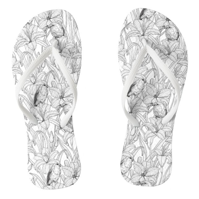 Robins and lilly flowers, black and white jandals (Footbed)