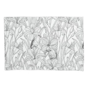 Robins and lilly flowers, black and white pillowcase