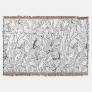 Robins and lilly flowers, black and white throw blanket