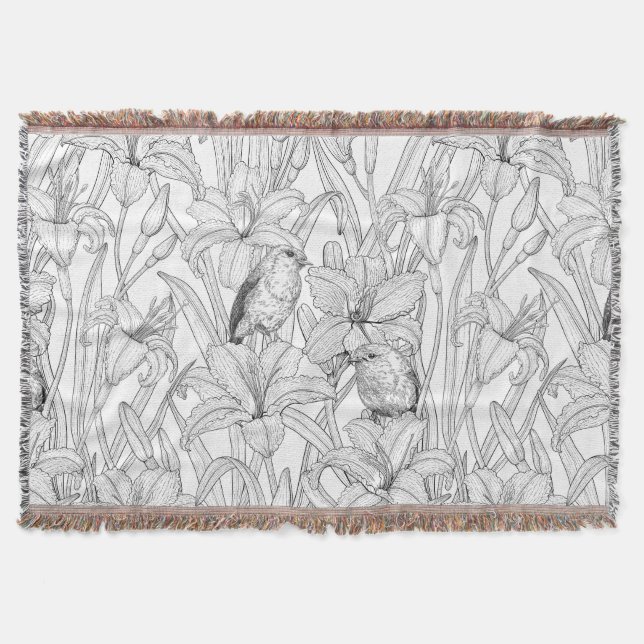 Robins and lilly flowers, black and white throw blanket (Front)