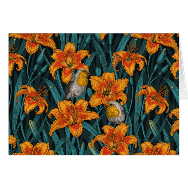Robins and lilly flowers, orange and blue (Front Horizontal)