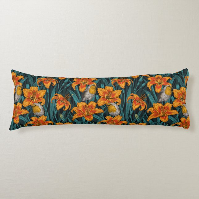 Robins and lilly flowers, orange and blue body cushion (Front)
