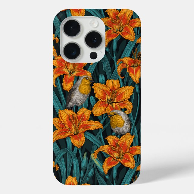 Robins and lilly flowers, orange and blue Case-Mate iPhone case (Back)