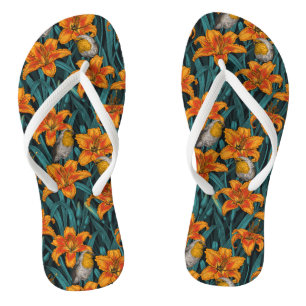 Robins and lilly flowers, orange and blue jandals